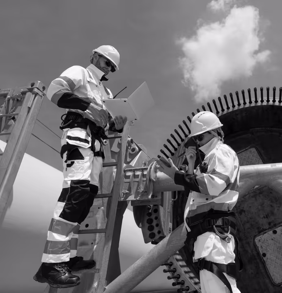 Men standing on a wind turbine with a laptop
